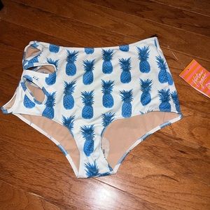 Kortni Jeane Blue Pineapple Floral Cutout High-Waisted Swim Bottoms